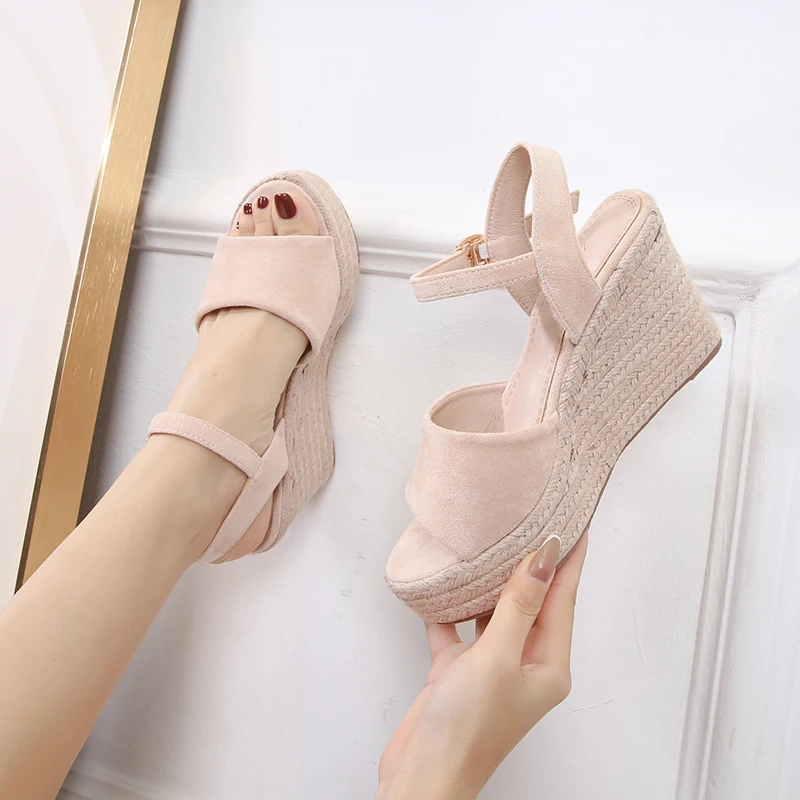 Size 31-43 2023 New Arrival Straw Wedge Summer Sandals Women 9cm High Heel Platform Black Open Toe Shoes