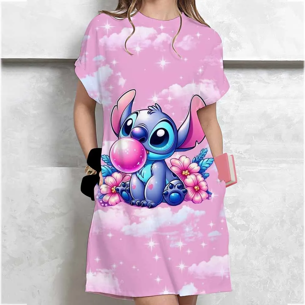 

Disney Stitch print Dress Women Cute Cartoon Short Sleeve O-Neck T-shirt Dress Fashion Sleeping Skirt Daily Basic Dressing