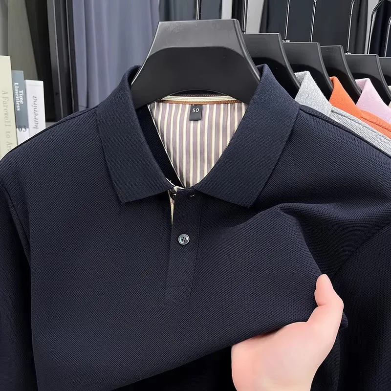 High Quality 100% cotton long sleeve polo shirt men's new casual versatile solid color fashion business spring autumn T-shirt