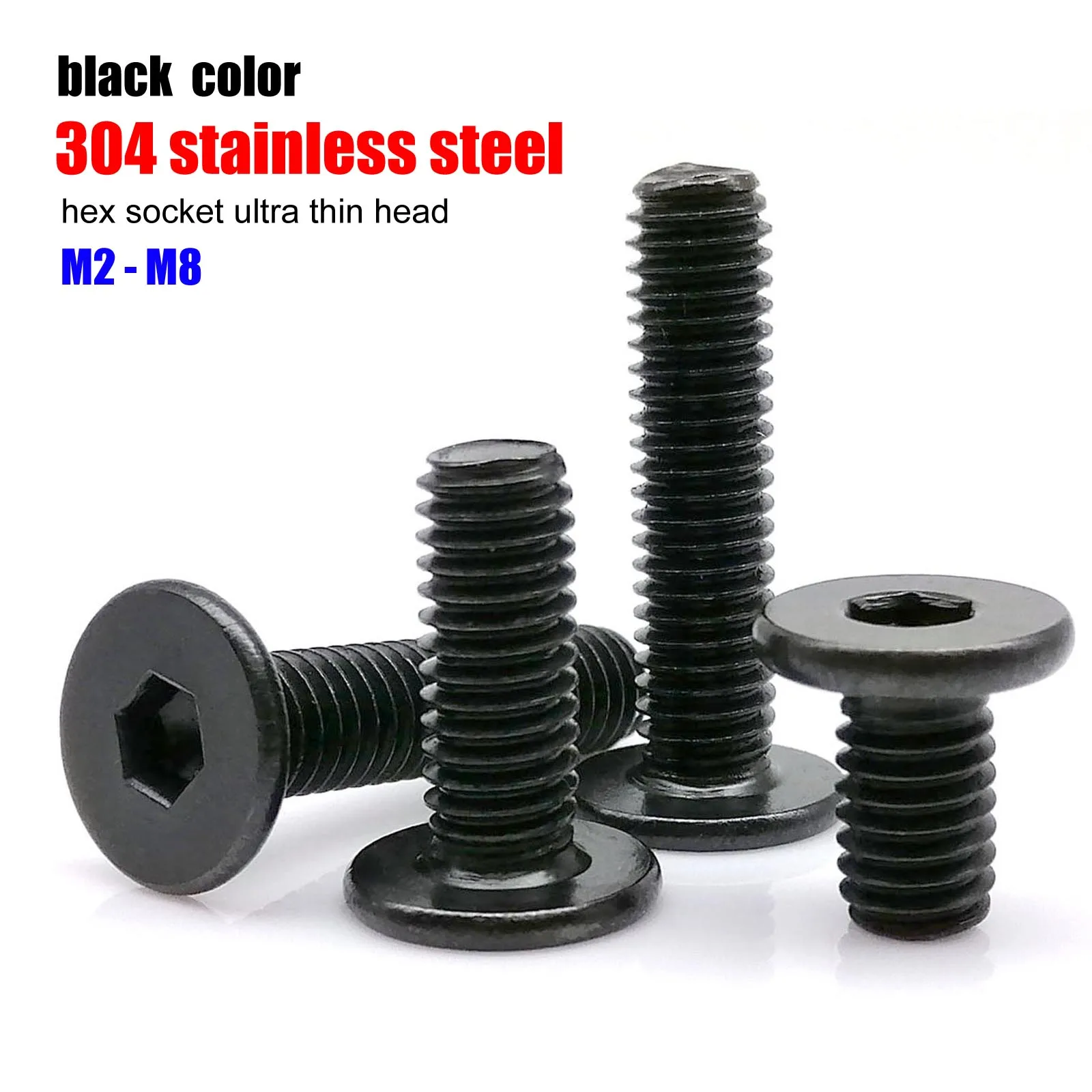 M2 M2.5 M3 M4 M5 M6 M8 Negro 304 Acero inoxidable Allen Hexágono Perno de cabeza ultrafina Hex Socket Tornillo de cabeza de oblea plana ultrafina