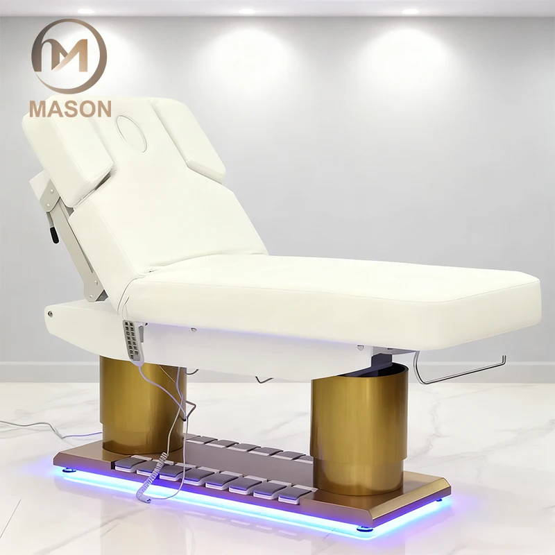 New Luxury 4-Motor Adjustable Electric Massage Table With LED Light Beige Leather & Golden Base For Salon Spa Clinic Bedroom