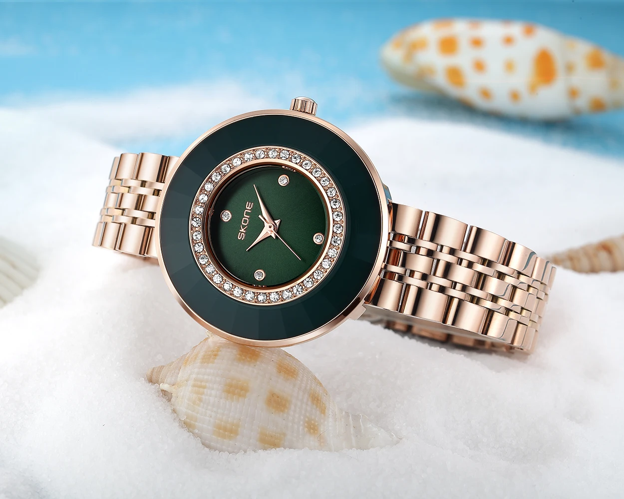 SKONE moda casual diamantes de imitación de cuarzo para mujer nicho simple estudiante moda tira de acero reloj de cuarzo para mujer