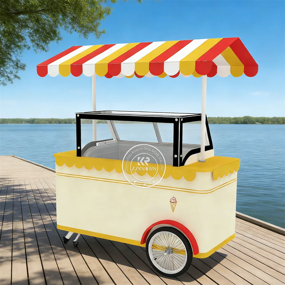 

Luxury Ice Cream Cart Stainless Steel Dessert Kiosk Snack Coffee Fast Food Summer Street Coffee Push Cart For Outdoor Event