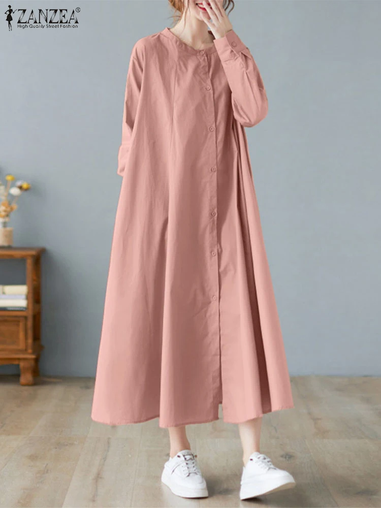 ZANZEA Loose Casual Elegant Midi Vestidos Inverted Pleat Solid Long Sleeve Women Long Robes Button Up 2025 Spring Shirt Dress