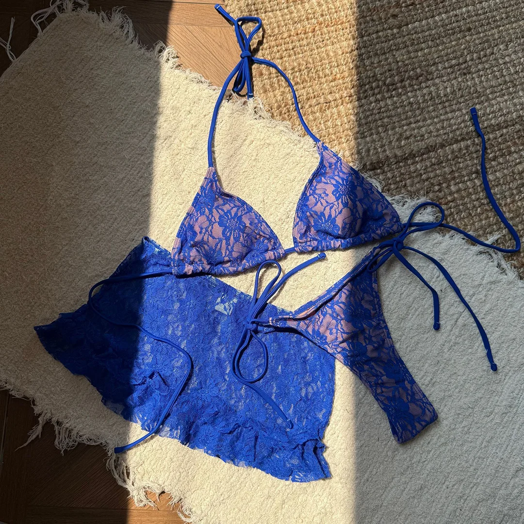 3-teiliges Set mit Rock, Neckholder-Bikini, Spitze, Damen-Badeanzug, Damen-Bademode, gepolsterter Badeanzug, Badebekleidung, Schwimmbikini V6818 – Detail 19