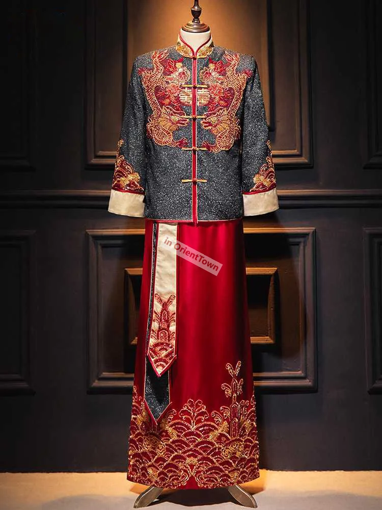 Red Black Long Sleeve Groom Toast Clothing Chinese Groom wedding Double Dragon Robe Men Jubilant Tang Suit Traditional Gown Boy