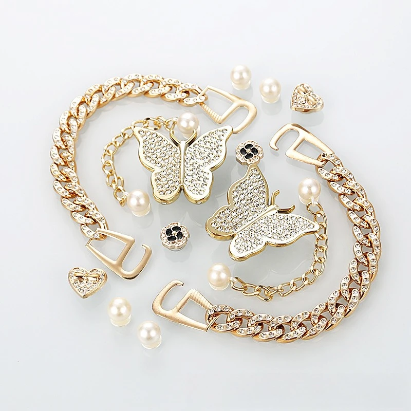 Diamond Butterfly Pearl Cuban Chain Shoe Charms For Clogs Bubble Slides Sandals Removable Shoe Decorations Accessories Gifts