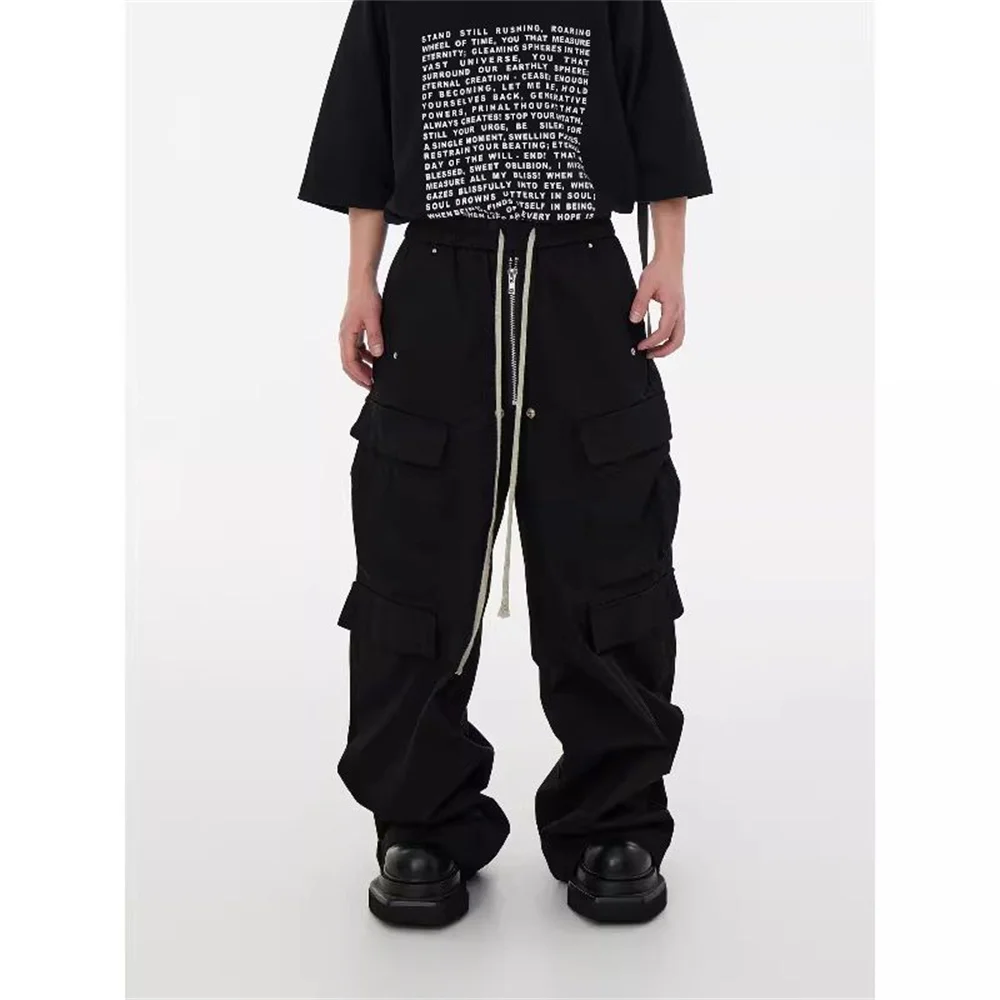 Y2K Punk Black Cargo Pants Women Multi Pockets Elastic Waist Drawstring Wide Leg Trousers Gothic Oversized Hip Hop Casual Pants