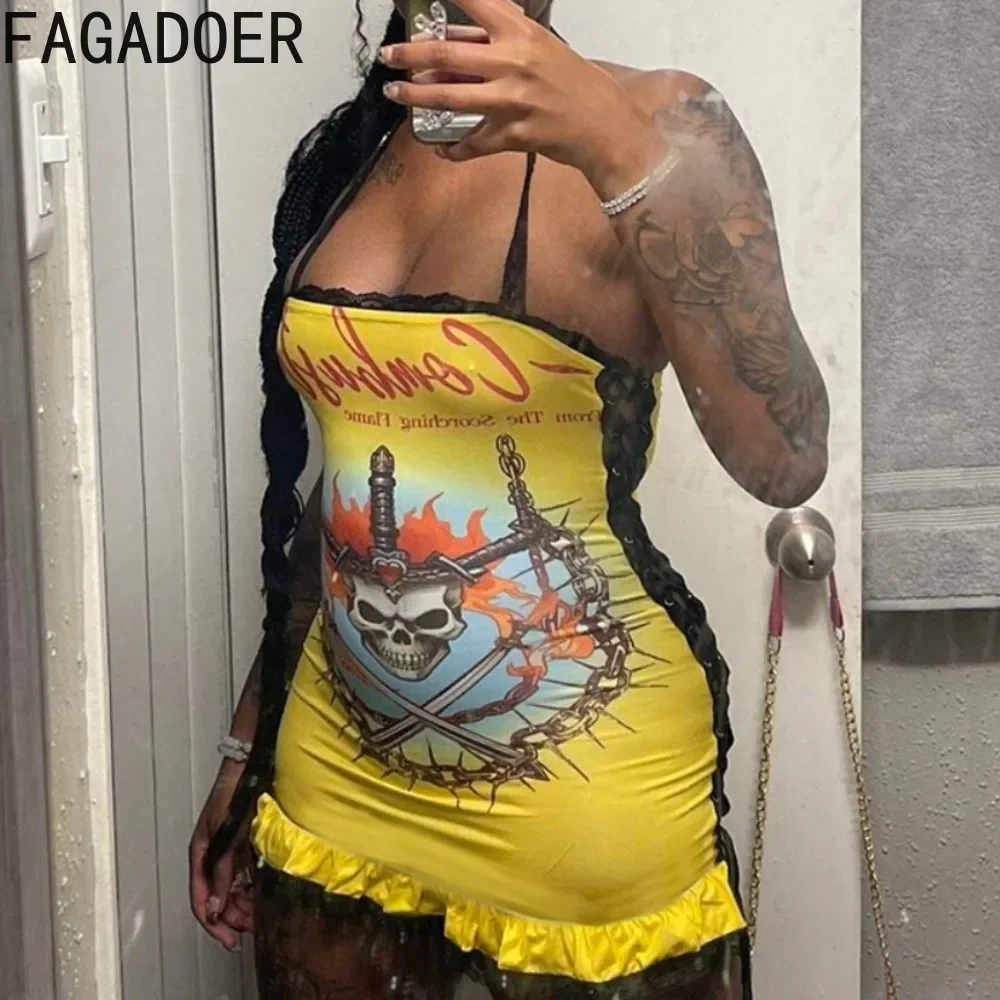 

FAGADOER Y2K Sexy Pattern Printing Lace Halter Lace Up Mini Dresses Women Sleeveless Backless Side Hollow Slim Clubwear Vestidos