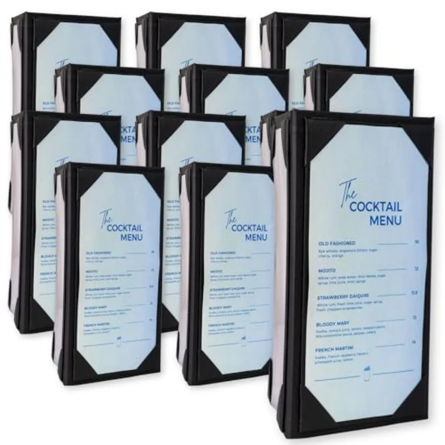 

3 Sided Table Tent, Black Leatherette with Clear Inserts, Food, Drink and Cocktail Trifold Triangle Display for Commercial Use