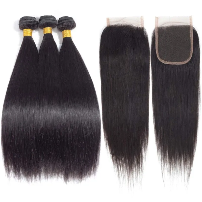 Mèches Brésiliennes Naturelles Lisses avec Closure pour Femme, Extensions de Cheveux Humains, 4x4