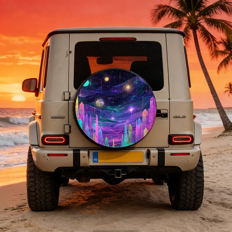 Dreamy Starry Sky Colored Crystal Spire Pattern Polyester Fiber Car Tire Cover, Universal Fit Spare Tire Protective Sleeve