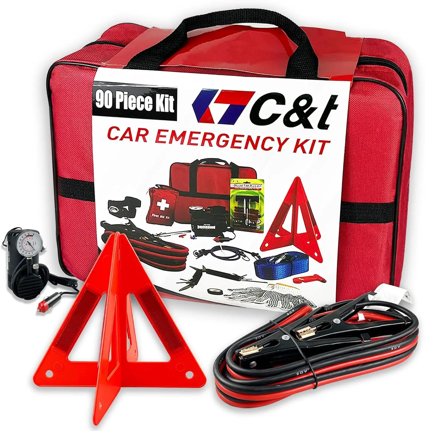 

90-Piece Car Emergency Kit with Air Compressor, Tire Repair, Flashlight, Roadside Survival Tools