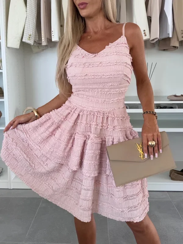 Vestido sin espalda de encaje con tirantes sexy con volantes de color sólido para mujer Verano 2025