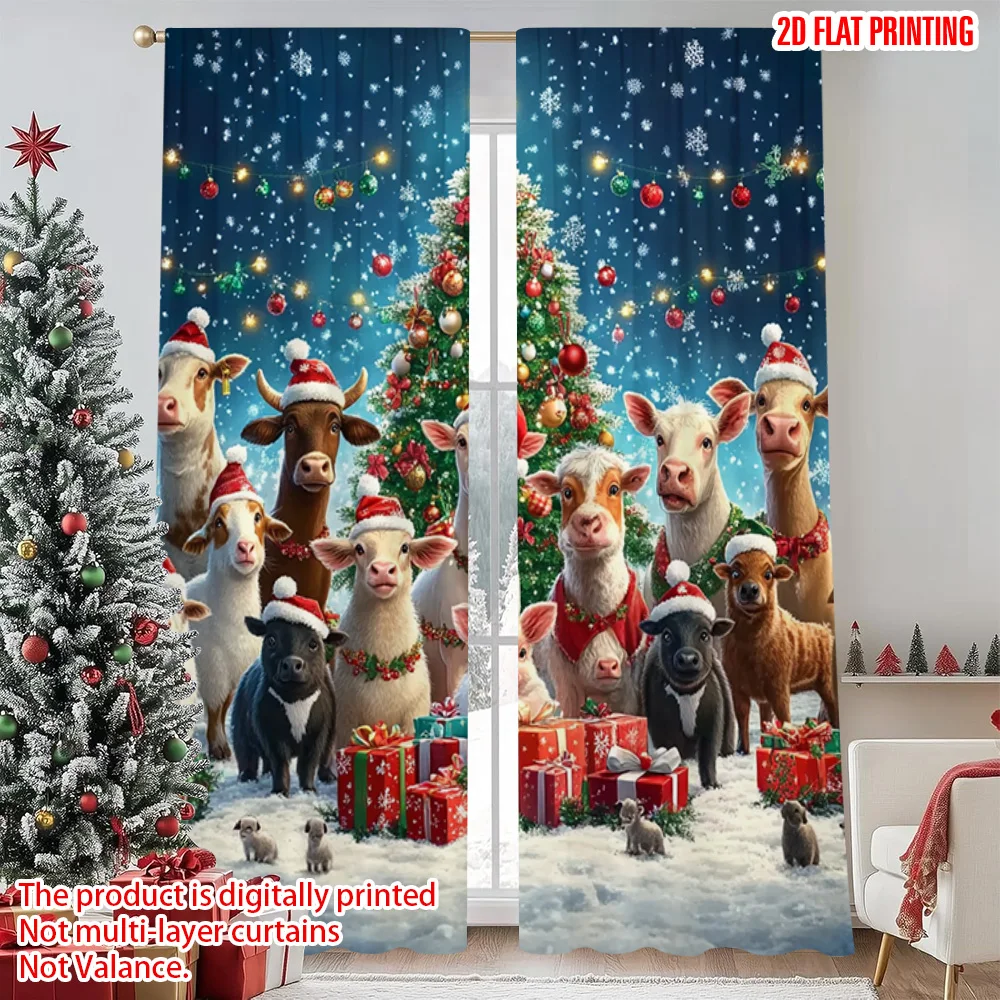

2pcs 2D flat printing Merry Christmas Scene Curtains Christmas Farm Durable 100% Polyester Fabric Without Electricity Party