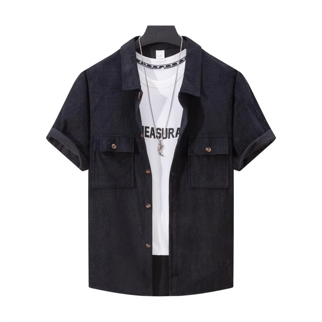 2025 summer men's new urban solid color short-sleeved shirt corduroy lapel button design simple trend casual jacquard cardigan