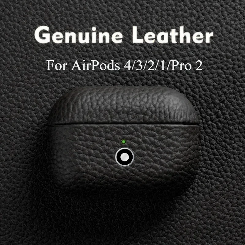 Hochwertige Business-Schutzhülle aus 100% Echtem Rindsleder für Apple AirPods 4 3 2/1 Pro2, Sturzsichere Schutzhülle in Schwarz