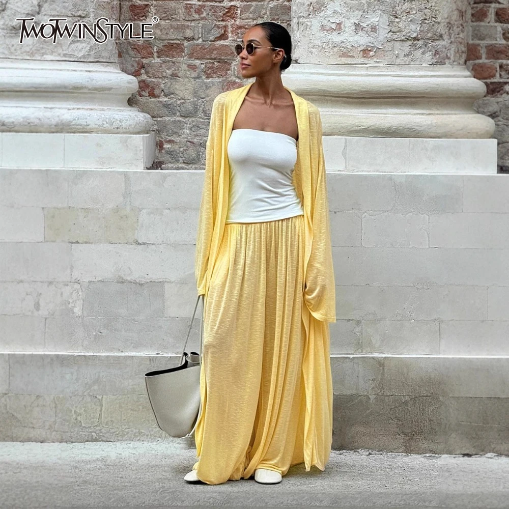 

TWOTWINSTYLE повседневный комплект из двух предметов для женщин, кардиган миди с лацканами и длинными рукавами, шаровары с высокой талией, брюки, пляжный костюм, женский