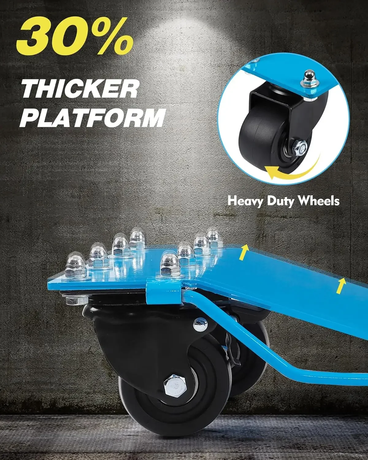 دوللي سيارة [مجموعة من 4 قطع مع 8000 رطل] سعة، دمى عجلة محرك السيارة شديدة التحمل من الفولاذ المنغنيز مع لوحة مضادة للانزلاق، 16 بوصة * 13 بوصة، أزرق