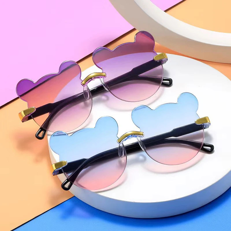 Lunettes de soleil sans monture ours de dessin animé pour filles et garçons, lunettes rondes rétro pour enfants, lunettes d'extérieur pour bébé, lunettes anti-ultraviolets, UV400