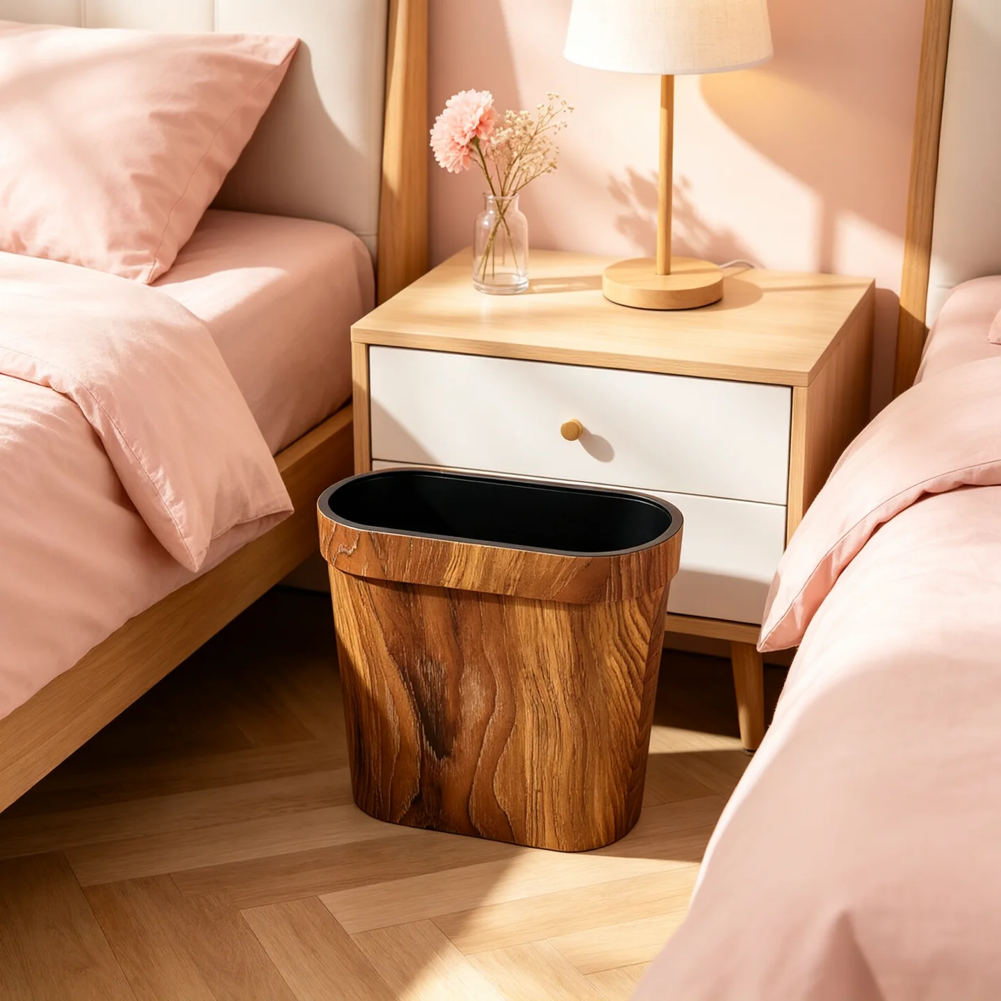 Minimalist Slim Wood Texture Trash Bin with Press Ring, Stylish Household Waste Basket for Small Spaces