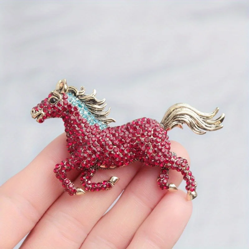 Large Rhinestone Inlaid Enamel Horse Brooch for Women and Men\'s Trend Alloy Hard Animal Brooch for Casual Office Jewelry Gifts