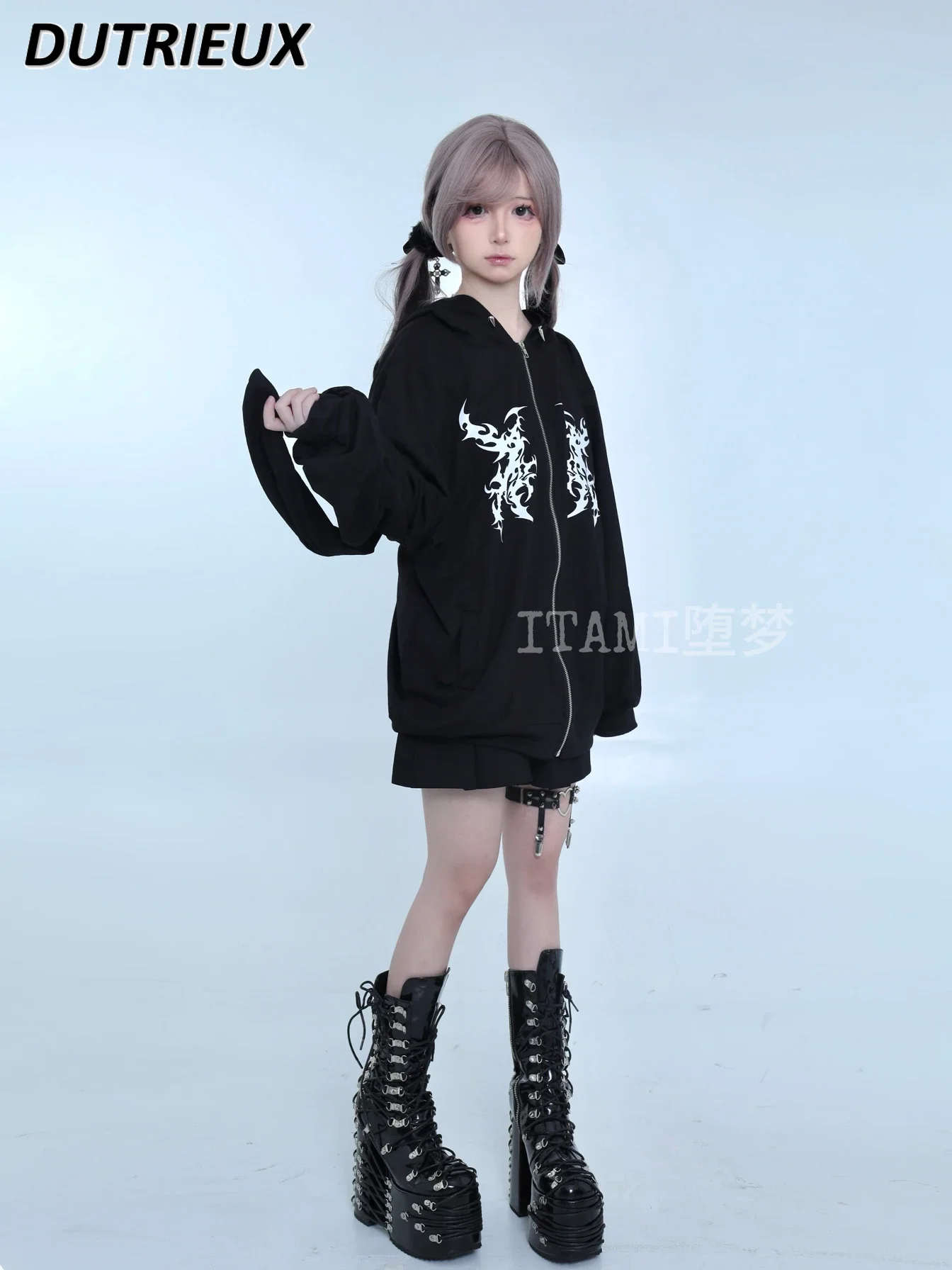 Spring Autumn Dark Subculture Rabbit Ear Casual Sweatshirt Fashion Hooded Cardigan Coat Loose Oversize Hoodies for Women