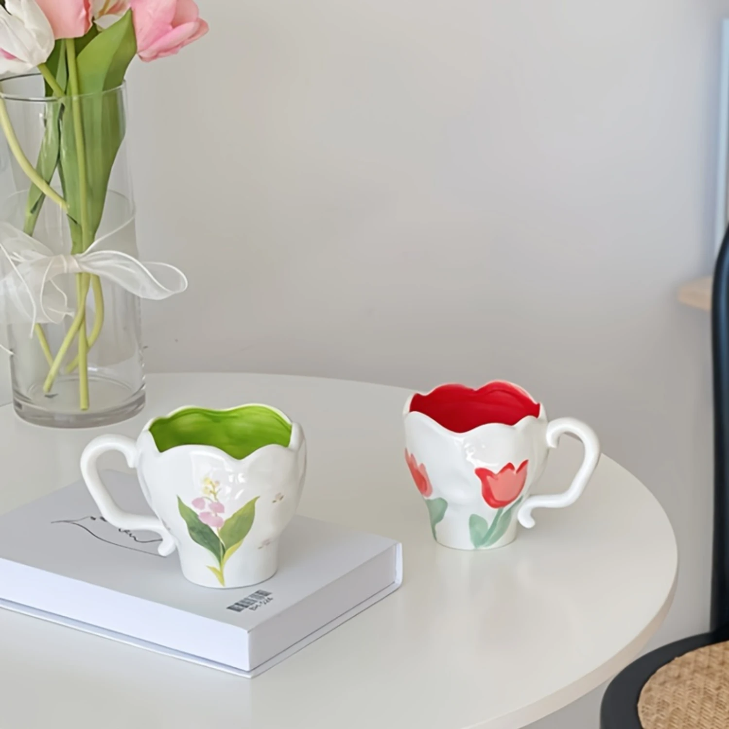 1pc, Vintage Ceramic Cup, Hand-Painted Flower Breakfast Milk Coffee Cup, Tulip Shaped Cup, Irregular Mug, Lily Of The Valley Mug