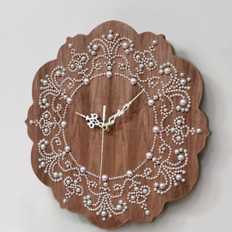 French Vintage Wall Clock Mid-Century Pearl Inlay Silent Timepiece for Living Room Hanging Decorations Modern Dining Decor Clock