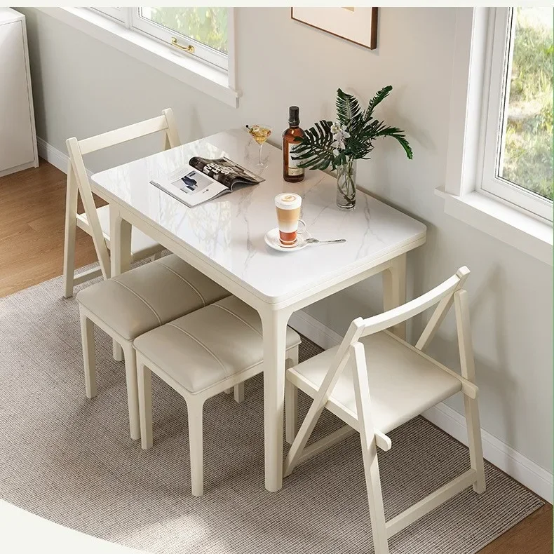 All solid wood folding dining table cream wind rectangular white wall retractable rock slab dining table household small