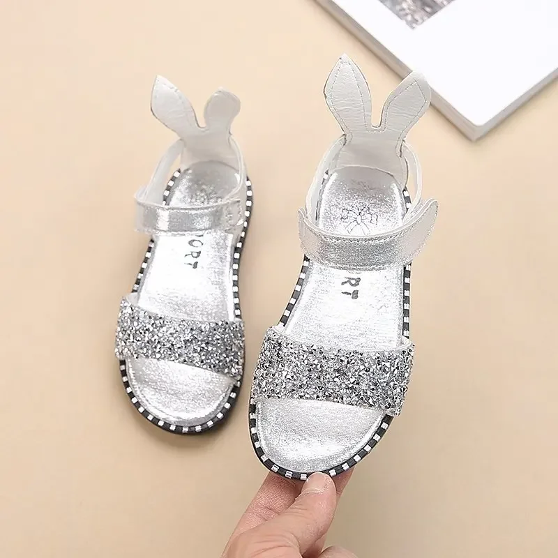 Children Sandals For Toddlers Girl Big Girls Kids Beach Shoes Cute Sweet Princess Rhinestone With Rabbit Ear Soft Fashion 21-36