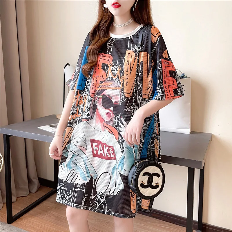 #4203 Summer Mesh T Shirt Women Loose Hollow Out Short Sleeve T Shirt Female O-neck Casual 3D Print Long T-shirt Loose Quick-dry