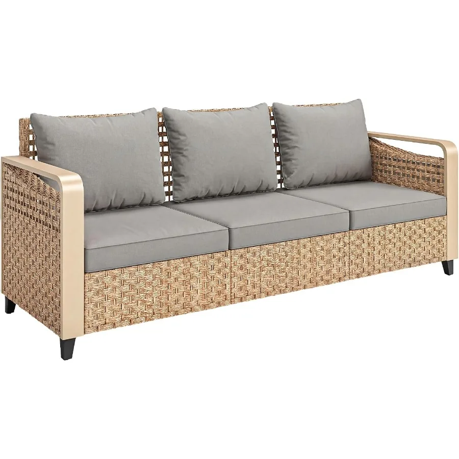 Outdoor Patio Couch Wide Deep Seat 3 Seater Wicker Gray