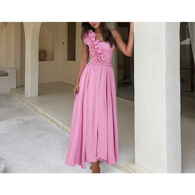 

Women Pink Ruffle One-Piece Monokini with Maxi Beach Cover-Up Dress Swimwear Bathing Suit Resort Outfit Swimwear Bathing Costume