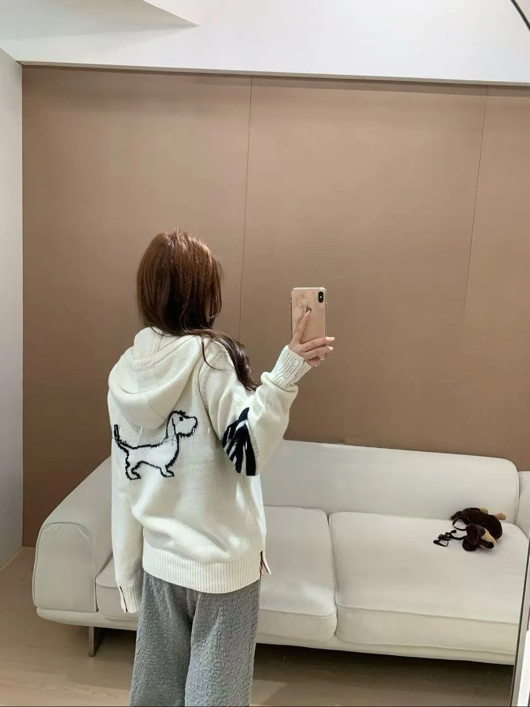 

Heavy Knit Zipper Hoodie Sweatshirt Classic Four Stripes Back Dog Embroidery Casual Loose Fit Long Sleeve Thickened Cardigan