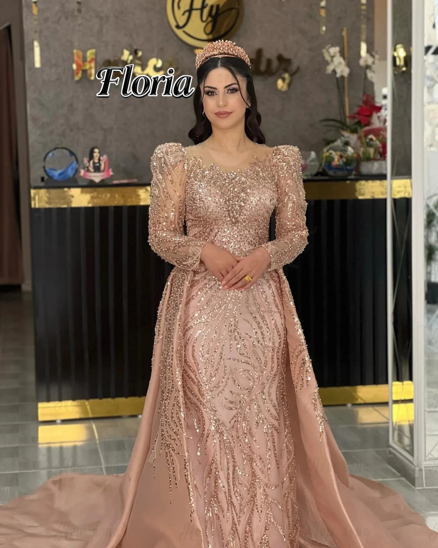 

Blush Pink Prom Dress With Detachable Train Sheer Neck Beaded Sequined Bride Wedding Events Gowns Evening Night Dress Customized