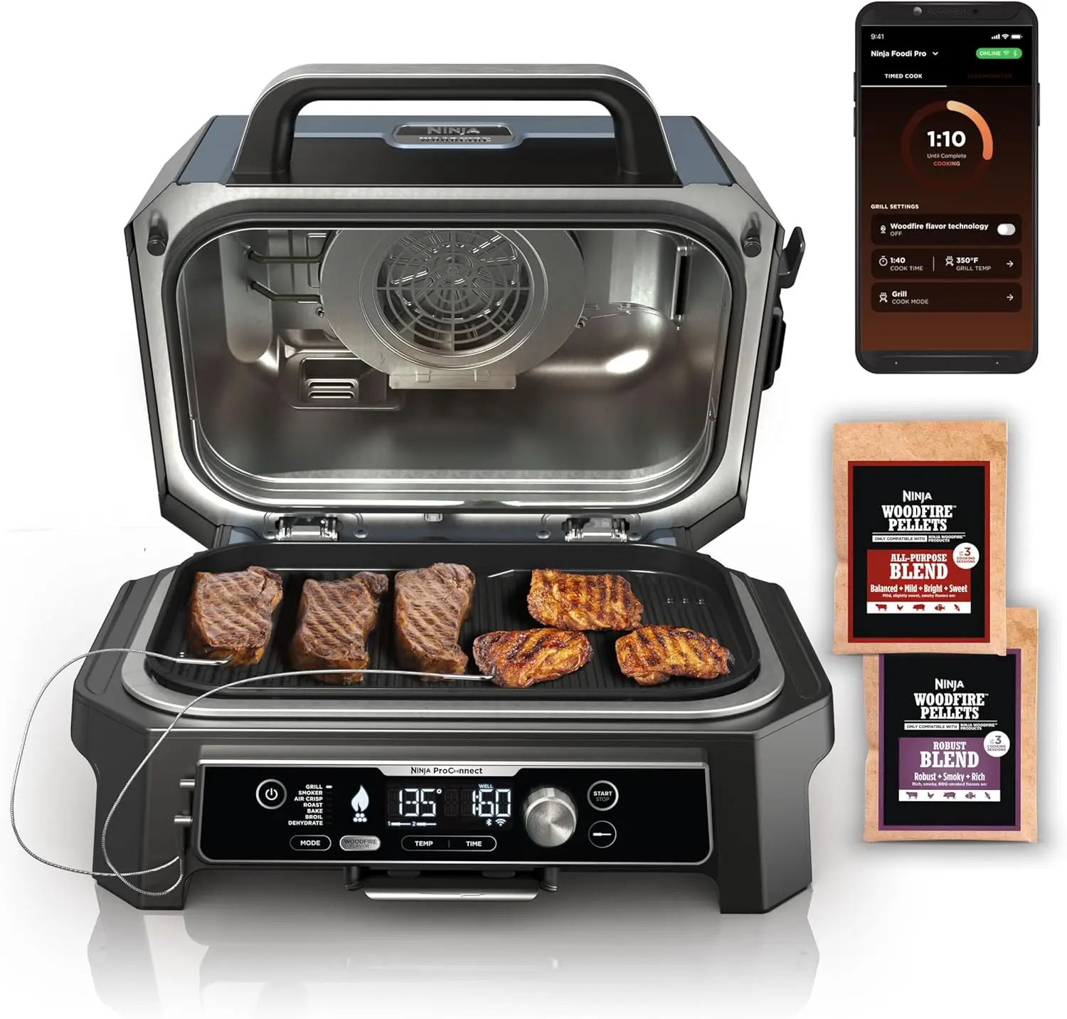 Ninja OG951 Woodfire Pro Connect Premium XL Outdoor Grill & Smoker, Bluetooth, App Enabled, 7-in-1 Master Grill, BBQ Smoker, Out