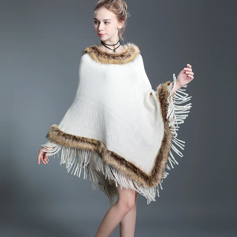 

Autumn Winter New Imitation Raccoon Fur Collar Cape Tassel Knitted Pullover Fur Cloak Female Ponchos Capes White Cloaks