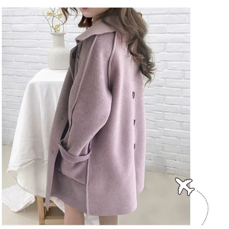 2023 Spring and Autumn New Girls\' Solid Color Fashion Versatile Windproof Warm Polo Collar Woolen Long Coat for 4-10 Years