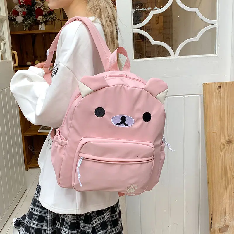 Cartoon Rilakkumas Backpack for Kids Kawaii Korilakkuma Embroidery Canvas Backbag Large Capacity Girls Boys Student School Bag