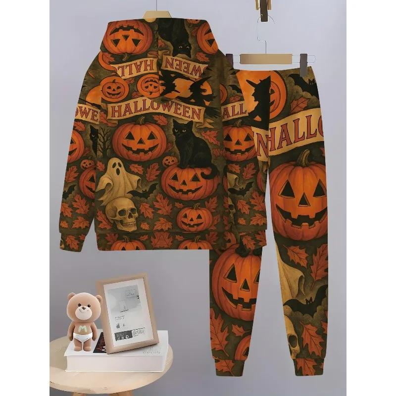 2025 2 قطعة موضة ثلاثية الأبعاد مطبوعة هالوين الخفافيش نمط هوديي غير رسمي الربيع/الخريف ملابس رياضية بأكمام طويلة #6