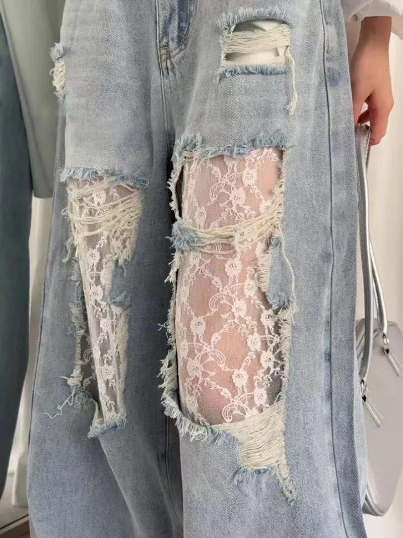 Vintage Y2K 2000s Jeans strappati in pizzo impiombato Donna 2025 Estate a vita alta American Retro Gambe larghe Pantaloni in denim Pantalones