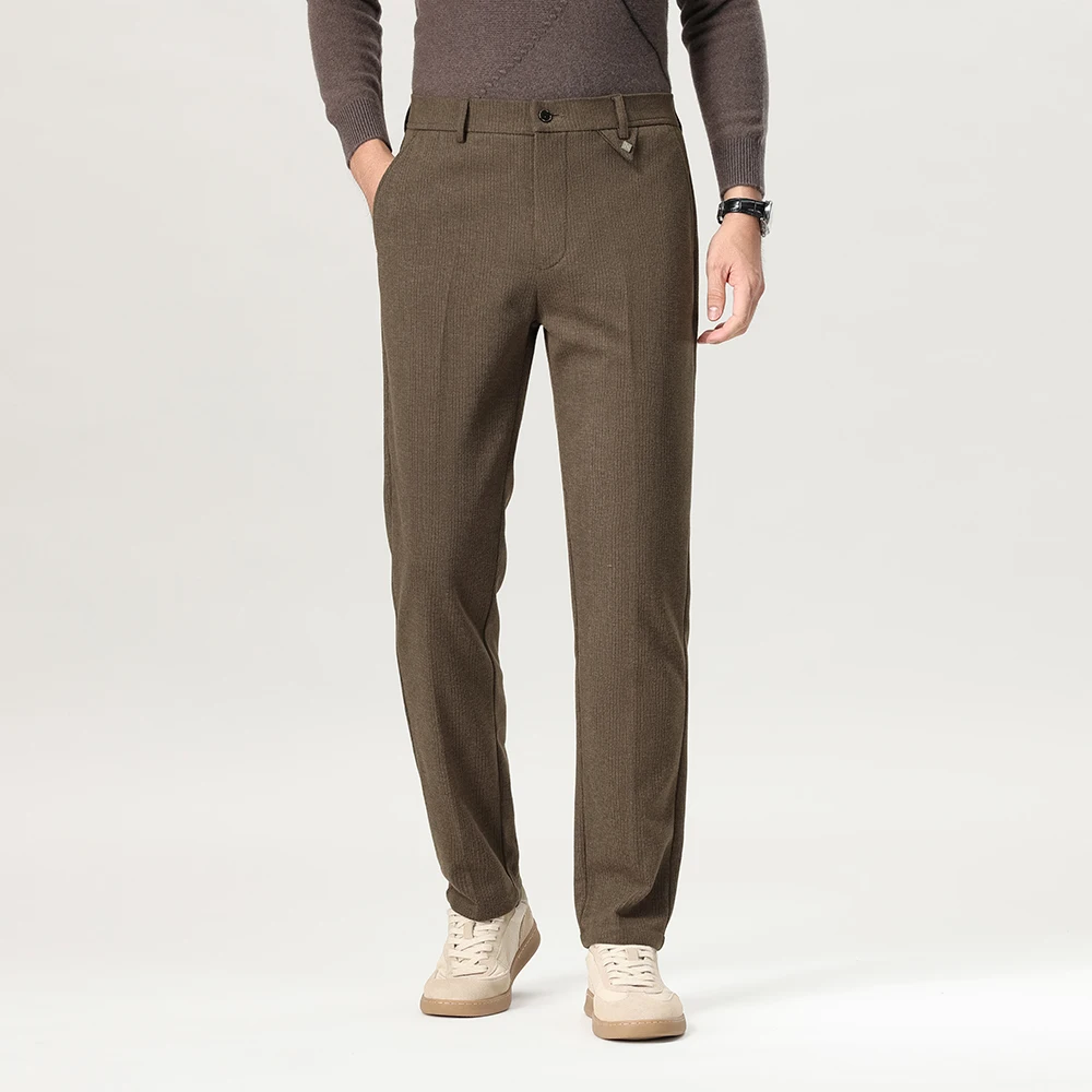 

Men's Striped Wool Blend Dress Pants Business Casual Trousers With Hidden Elastic Waist Man Soft Stretch Slim Fit Suit Pants