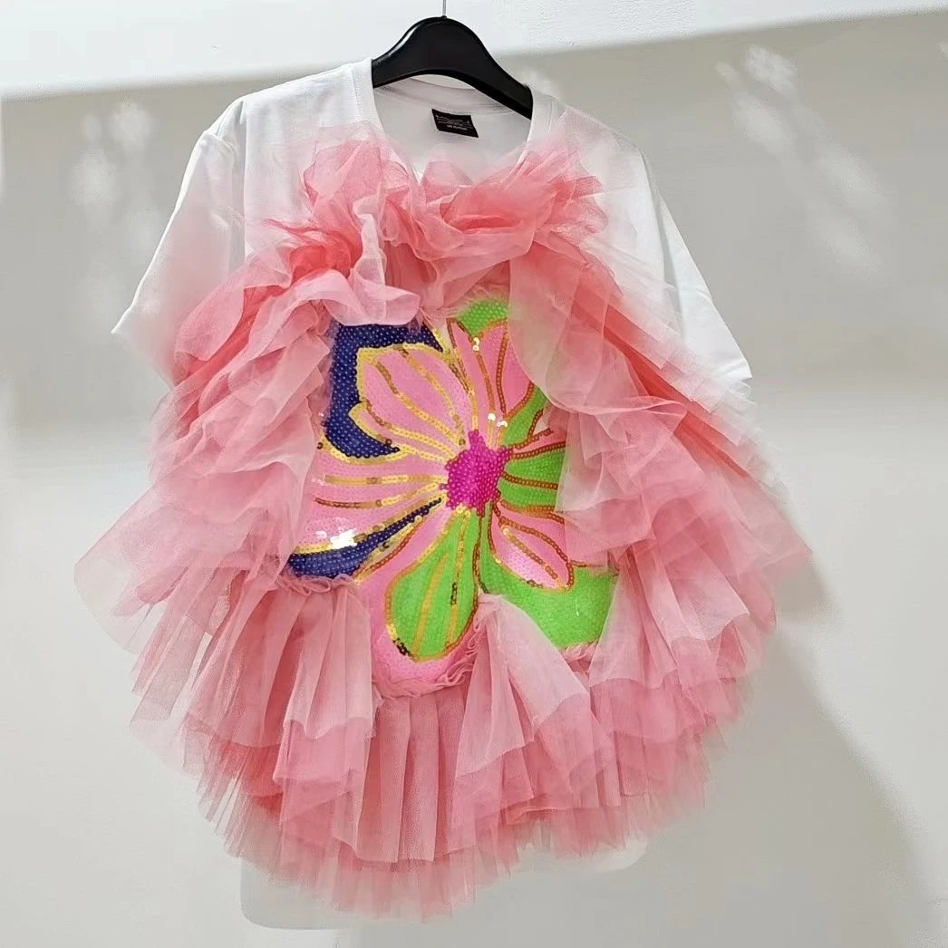 Luxury Mesh Splicing Ruffles 3D Flowers Embroidery Sequined T-Shirts White Loose Short Sleeves Tees Jumpers O-neck Crop Tops
