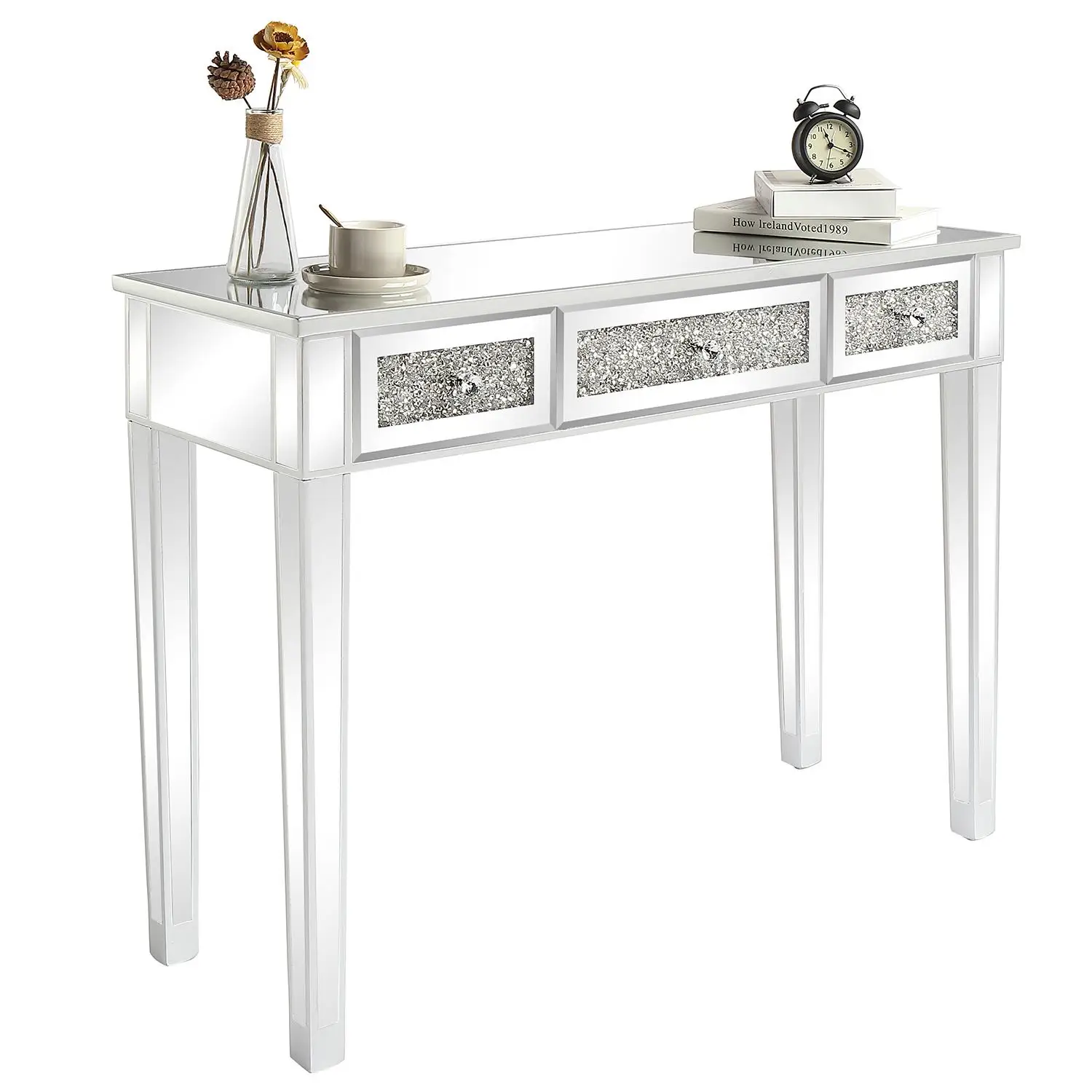 Silver Mirror Finish Glass Top 3-Pump Computer Desk - Stylish & Modern Design