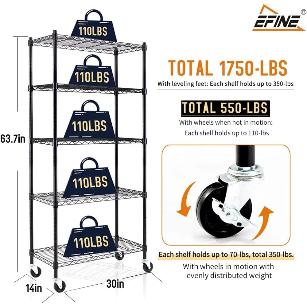 EFINE 5-Shelf Shelving Units and Storage on 3'' Wheels with 5-Shelf Liners, NSF Certified, Adjustable Heavy Duty Carbon Steel