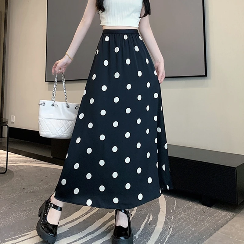 

2024 New Fashion Polka Dot Long Skirt Women Casual Solid Color Elastic High Waist A-Line Large Swing Mid-Calf Skirt