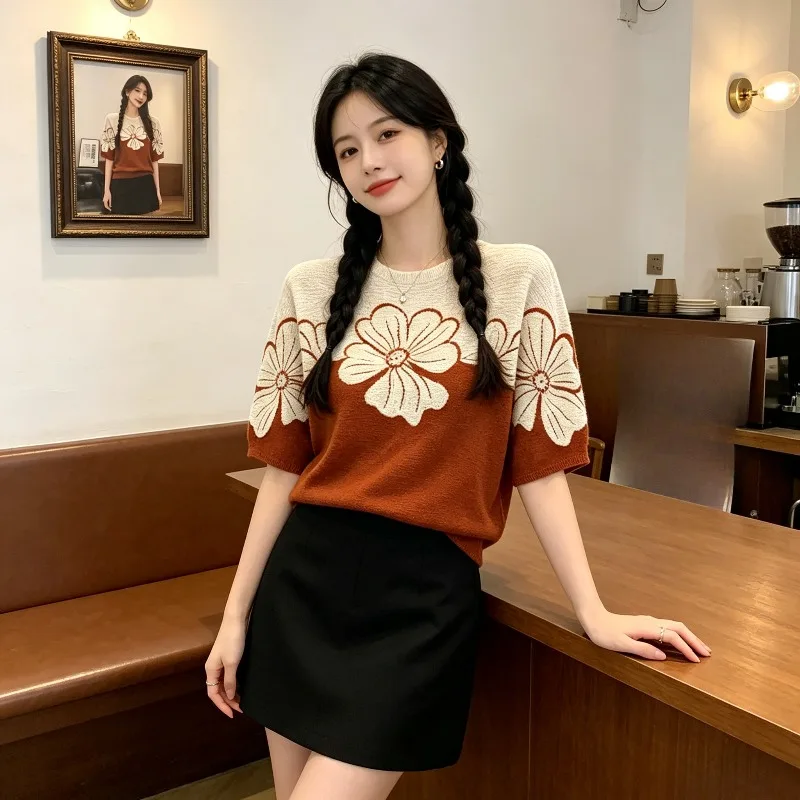 Miyake Pleated New 2026 Original Color-Block Floral Breathable Loose Round Neck Short Sleeve T-Shirt for Women Versatile Top