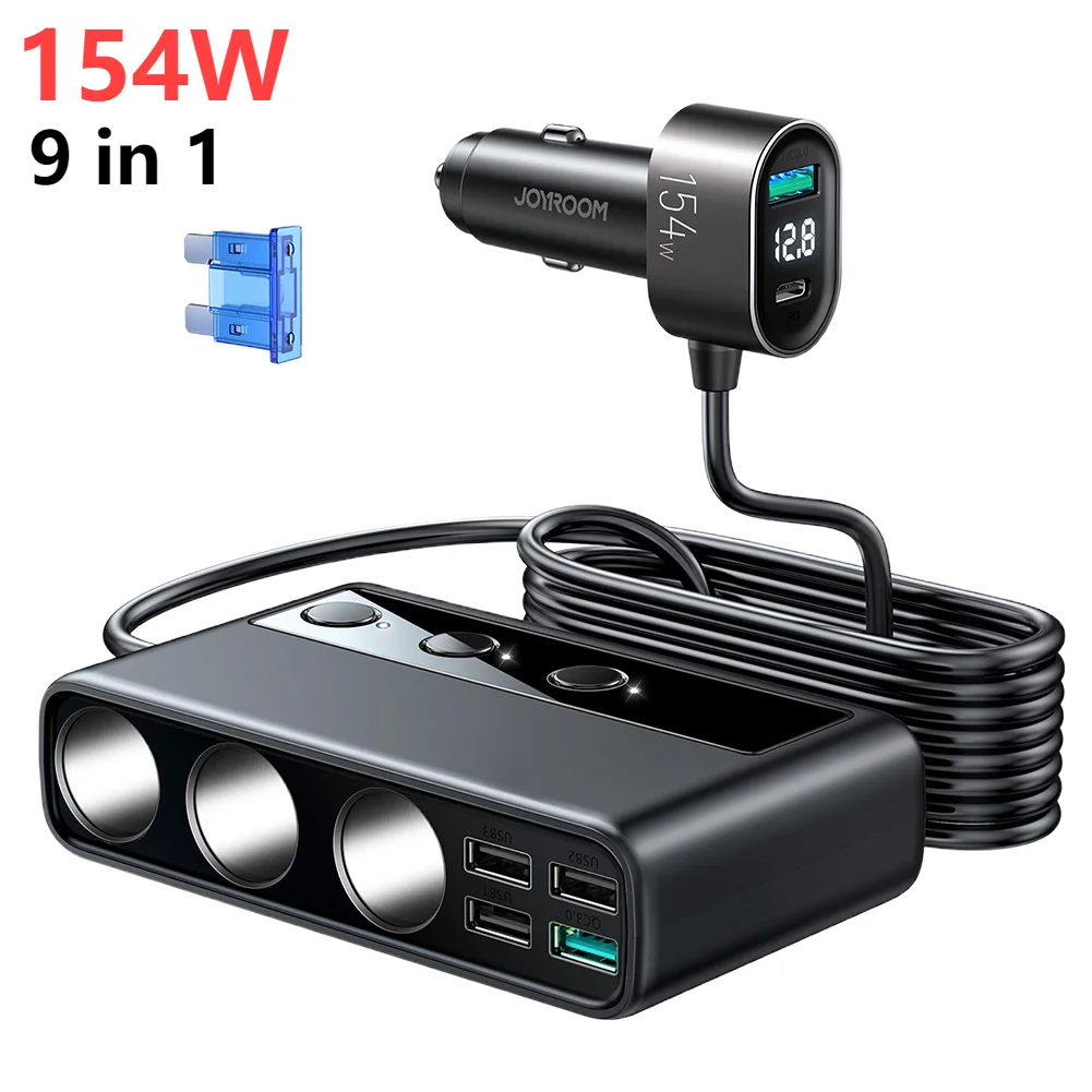 154W 9 in 1 Car Charger Adapter PD 3 Socket Cigarette Lighter Splitter Charge Independent Switches DC Cigarette Outlet