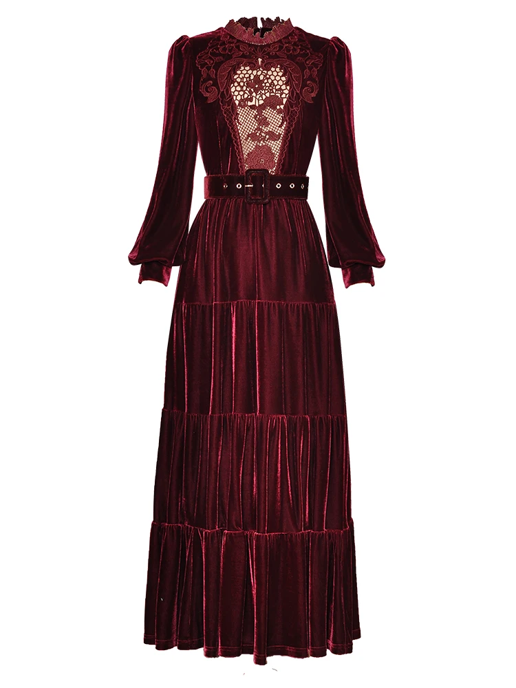 Luxury Ladies New Autumn High Quality Fashion Party Black Wine Red Pleated Velvet Embroidery Hollow Out Long Dresses For Women